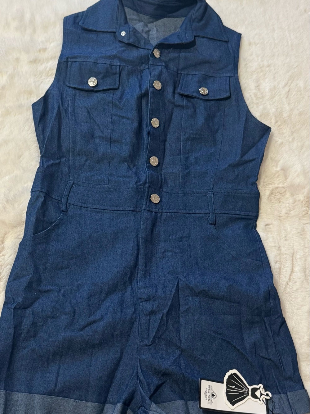 Girls Dark Blue Denim Sleeveless Romper - Classic Button Front